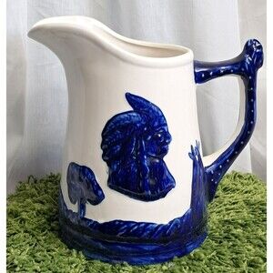 Vintage Pitcher Old Sleepy Eye Blue and White Pottery American Indian Teepee 9"